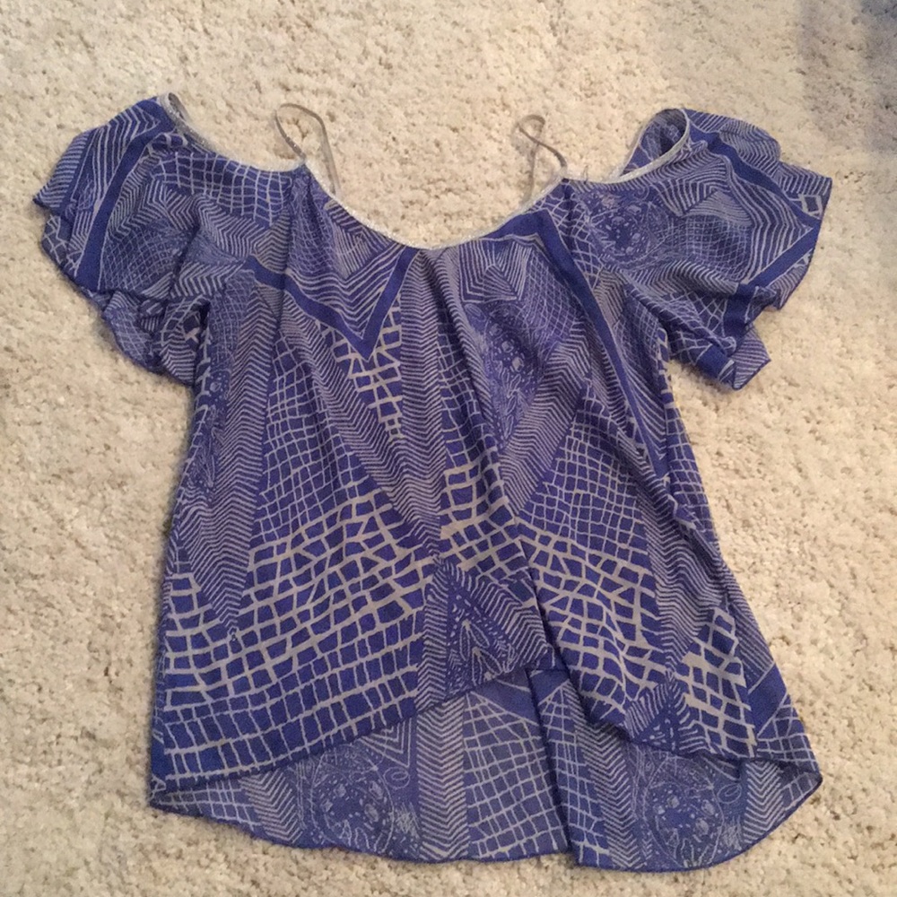 Blue patterned off the shoulder tank